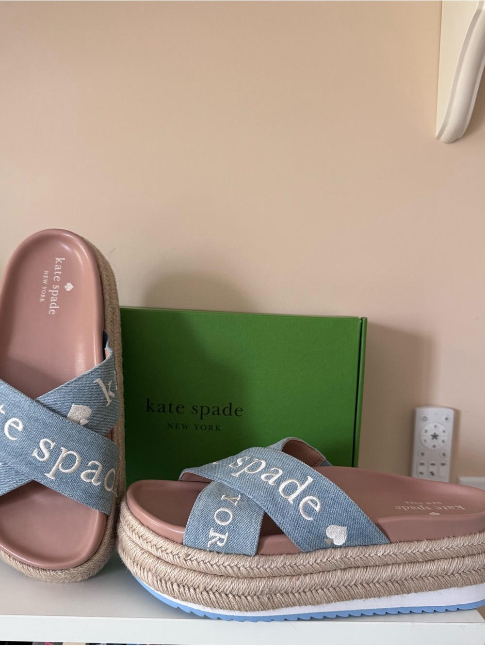 kate spade Denim Blue Cross-Strap Platform Mules with Pink Footbed size 8